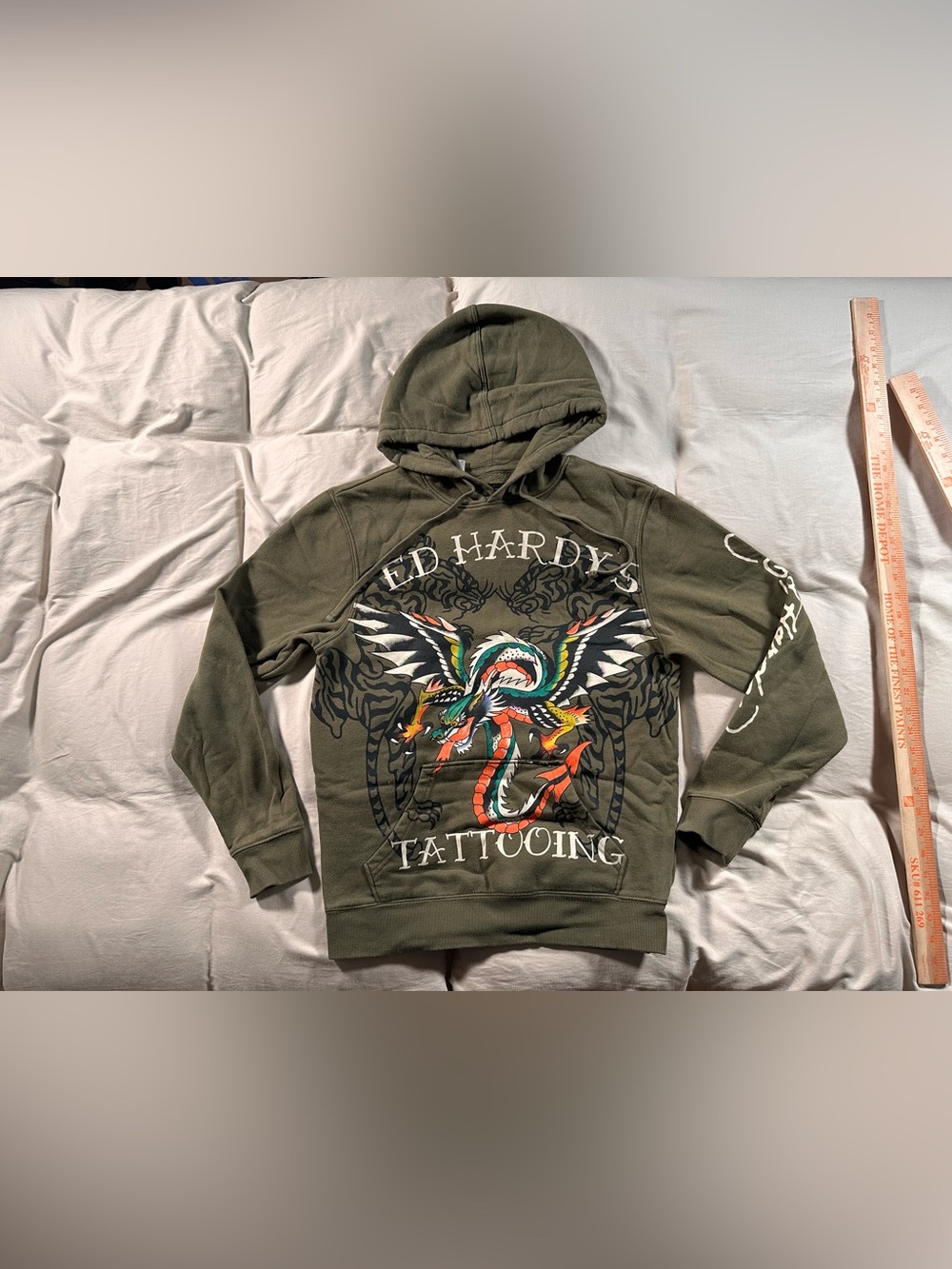 Ed Hardy Retro Dragon Tiger Tattoo Y2K Grunge Pullover Hoodie Olive Green Small